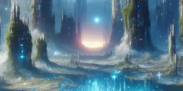 Astronauts analyze a holographic map in a desolate, futuristic landscape with a crumbling city and starry sky.