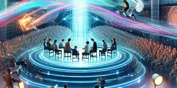 A vibrant, high-tech film studio showcasing diverse filmmakers and actors collaborating on innovative adult film projects.