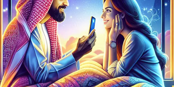 A couple video chatting in a cozy, warmly lit bedroom, surrounded by intimate details and a starry night outside.