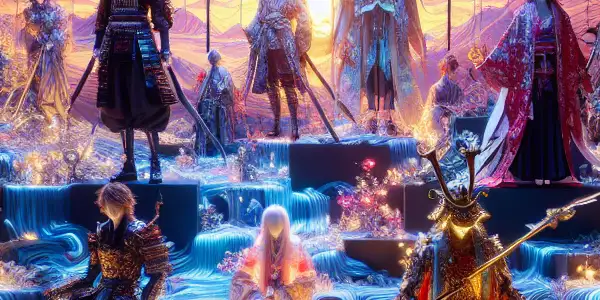 A vibrant fantasy landscape featuring characters in elaborate cosplay, blending traditional Japanese culture with modern aesthetics.