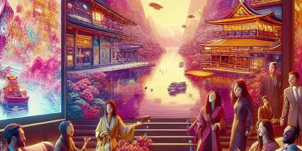 A vibrant living room scene with diverse people enjoying adult entertainment, featuring dynamic visuals and a luxurious atmosphere.