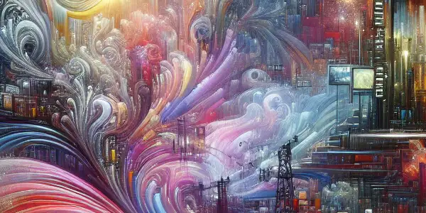 A vibrant digital landscape showcasing a colorful library of film reels and glowing screens, emphasizing adult film themes.