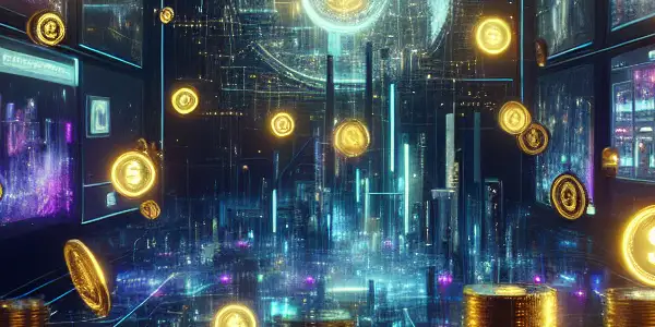 Futuristic digital landscape filled with glowing gold coins representing a virtual currency for adult entertainment platforms.