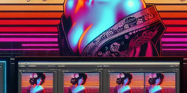 A glamorous figure in a modern editing room, blending nostalgia and technology, with vintage film elements.