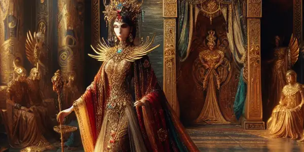 Cleopatra in an opulent palace, adorned in luxurious attire, exuding sensuality amid hints of romance with a Roman general.