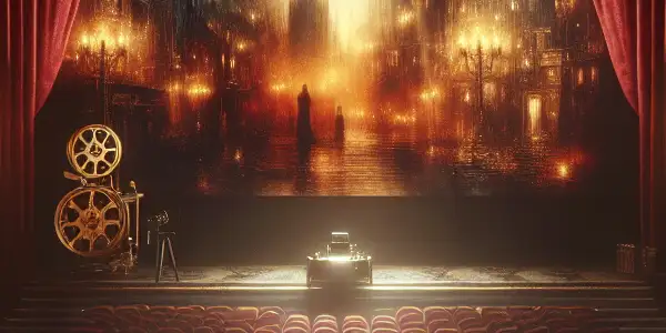 A vintage cinema interior featuring plush red seating, a golden screen, and nostalgic adult film posters.