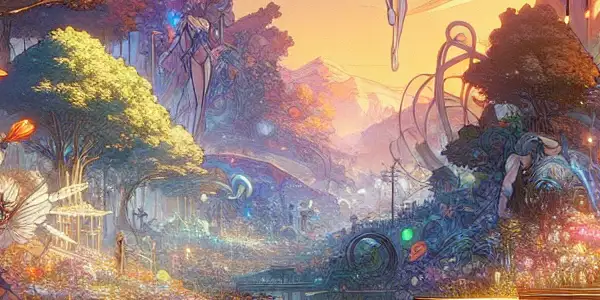 A vibrant anime landscape featuring whimsical characters, lush forests, oversized flowers, and surreal architecture.