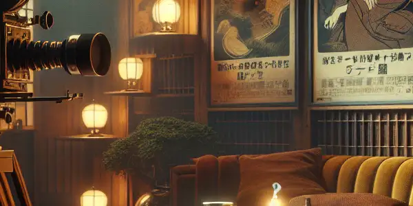 A cozy, dimly lit Japanese film set featuring vintage posters, a film camera, and elegant decor.
