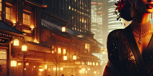 A confident woman in elegant attire stands in a luxurious, neon-lit urban setting, exuding empowerment and allure.