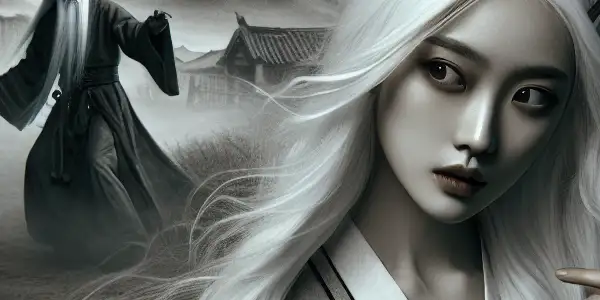 A young woman with white hair stands in a desolate landscape, symbolizing strength and vulnerability against oppression.