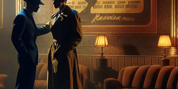 A dimly lit retro movie theater with two shadowy figures in a tense conversation, evoking classic spy film intrigue.