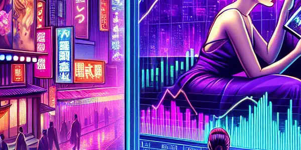 A sophisticated investor analyzes market trends in a vibrant, neon-lit cityscape focused on the Japanese adult film industry.