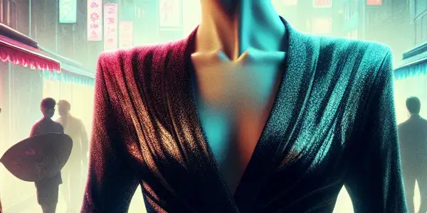 A glamorous woman resembling Aya Sugimoto in a neon-lit Tokyo setting, exuding allure amidst romantic urban silhouettes.