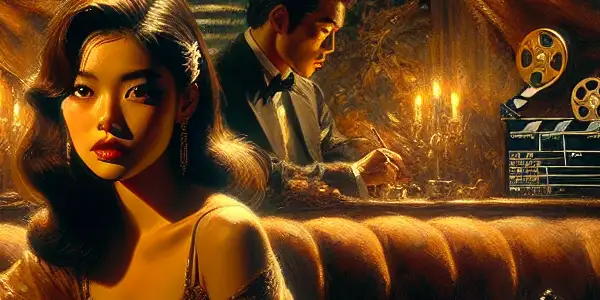 A dimly lit vintage film set featuring an emotional woman in elegant attire, surrounded by nostalgic decor.