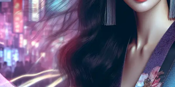 A charismatic South Korean actress in a stylish outfit, set against a vibrant, intimate nightlife backdrop.