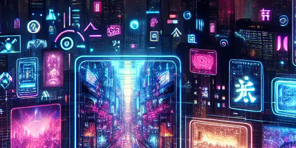 A vibrant futuristic city at dusk, showcasing neon lights and holographic screens of adult entertainment rankings.