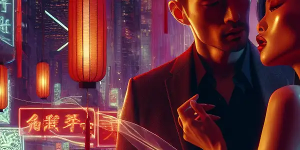 A vibrant cityscape blending Hong Kong and Japan, featuring two characters in an intimate, passionate interaction under neon lights.