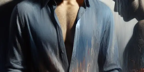 A troubled man surrounded by shadowy silhouettes, reflecting on desire and its consequences in a somber atmosphere.