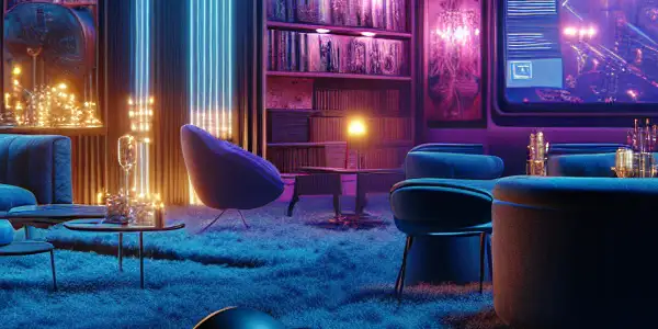 A futuristic virtual reality room featuring a stylish VR headset, interactive adult film interface, and a holographic Japanese AV star.