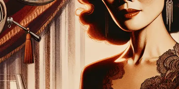 A sophisticated woman in her 40s exuding confidence, surrounded by intimate, cinematic elements in a dimly lit room.