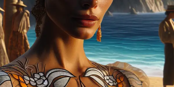 A confident female protagonist stands on a tropical beach, surrounded by lush greenery and ocean, hinting at adventure and allure.