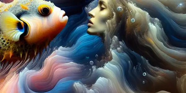 An abstract underwater scene featuring a confident female figure, vibrant colors, and flowing shapes inspired by a pufferfish.