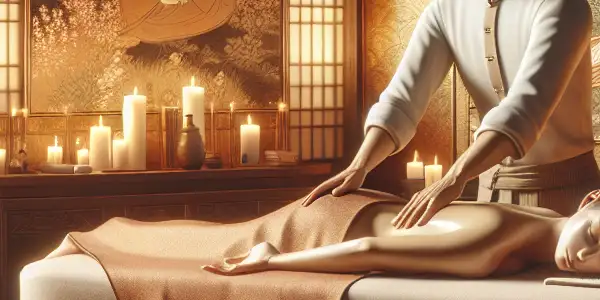 A serene massage parlor scene featuring a skilled therapist and a relaxed client amidst warm lighting and aromatic oils.