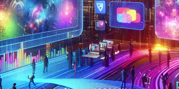 A futuristic digital marketplace showcasing diverse individuals exploring vibrant adult video content on holographic screens.