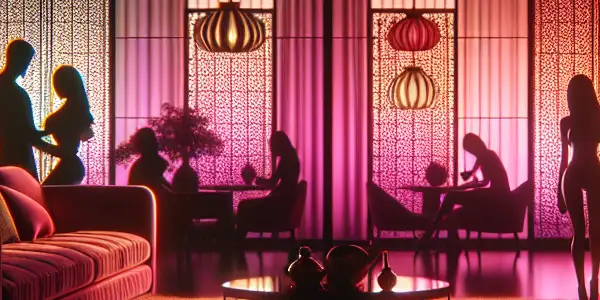 A vibrant neon-lit lounge with couples in intimate conversation, embodying sensuality and sophistication in adult entertainment.