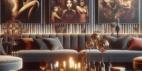 A modern lounge featuring elegant seating, artistic movie posters, and a large screen displaying stylized adult film scenes.
