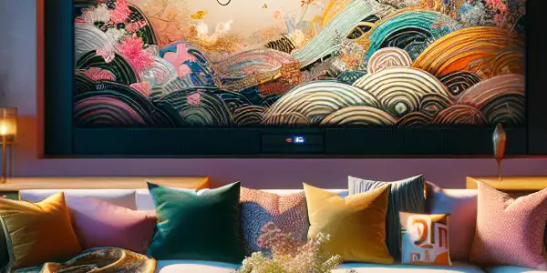 A cozy, stylish living room with a large sofa, colorful cushions, and a screen displaying artistic film genres.