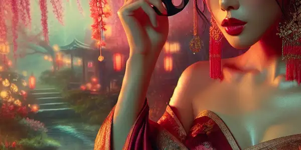 A beautiful Eastern woman in flowing attire amidst a lush, romantic landscape with cherry blossoms and soft lighting.