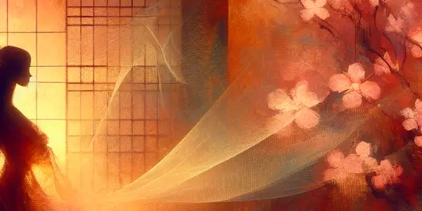 Silhouettes of two figures in an intimate, dimly lit Japanese-inspired setting, conveying longing and emotional connection.