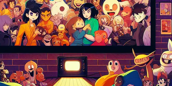 A cozy room filled with diverse animated characters enjoying an adult animation film festival, with vibrant decor and playful atmosphere.