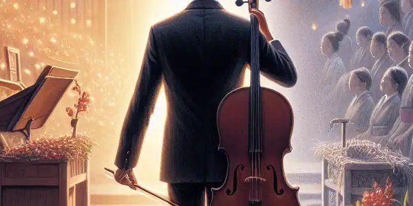 A male cellist in formal attire transitions from a concert stage to a funeral home, surrounded by musical notes and soft lighting.