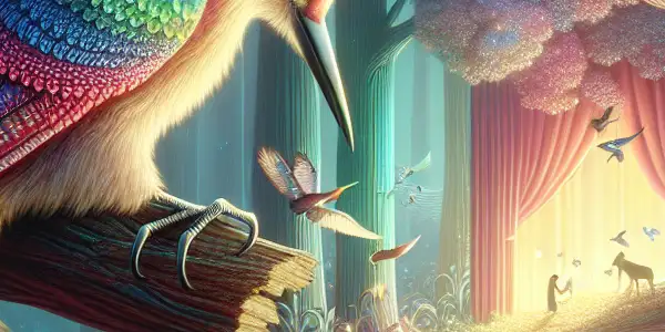A whimsical forest scene featuring a colorful woodpecker and a glowing cinema screen amidst vibrant flora and fauna.