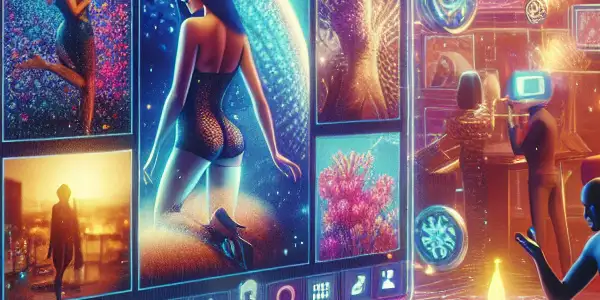 A vibrant digital interface showcasing a library of adult films, featuring user engagement and elements of privacy.