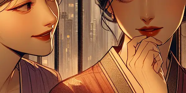 Two women share an intimate moment in a softly lit urban setting, showcasing deep emotional connection and passion.